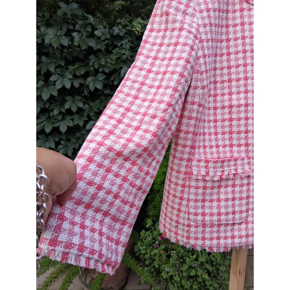💐EUC TALBOTS Blazer Jacket Pink White Checkered Tweed Fringe Sz. 12 - Picture 4 of 14